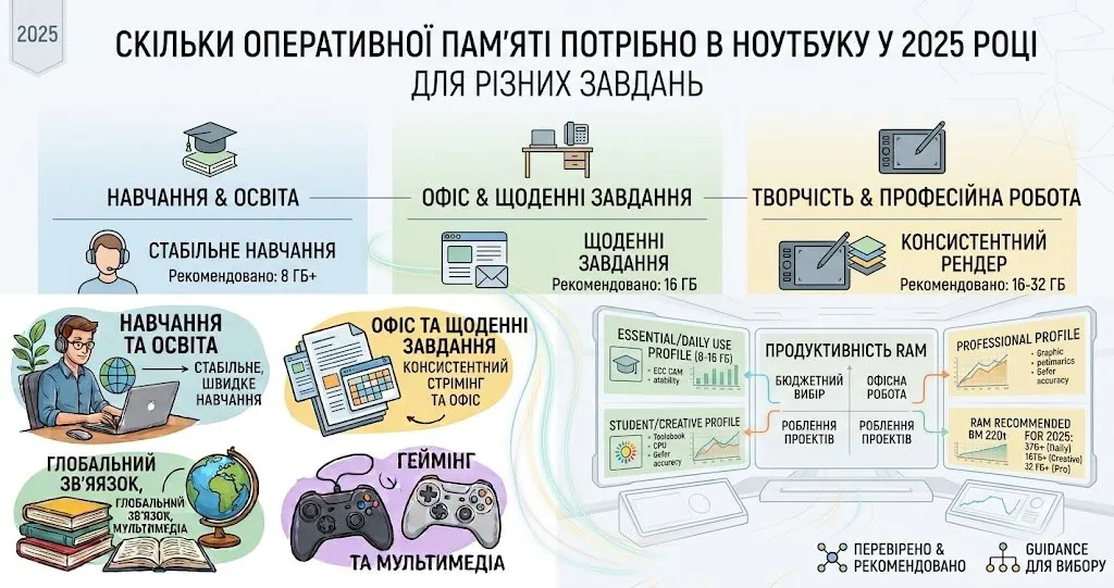 Скільки оперативної пам’яті потрібно в ноутбуку у 2025 році для різних завдань?